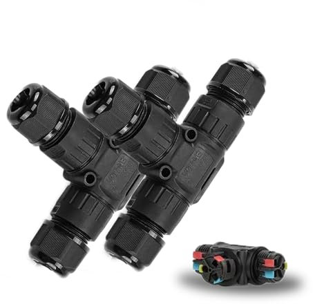 Lot de 2 connecteurs de câbles étanches IP68 Ø4mm-Ø12mm TÜV Manchon de raccordement électrique extérieur T broches pour jardin Fond à 3 voies