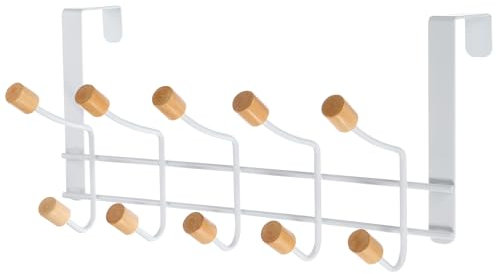 sourcing map Over The Door Hanger Hooks Metal Over Door Coat Racks Wood Hooks Clothes Organizer Racks with 10 Wooden Hooks for Organizer and Hanging Coat Towels Bags Hats Robes, White
