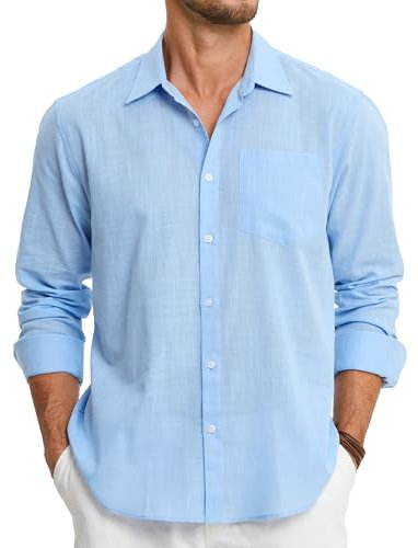 HISDERN Men's Long Sleeve Linen Shirt Lightweight Regular Fit Button Casual Summer Shirts with Pocket Light Blue M