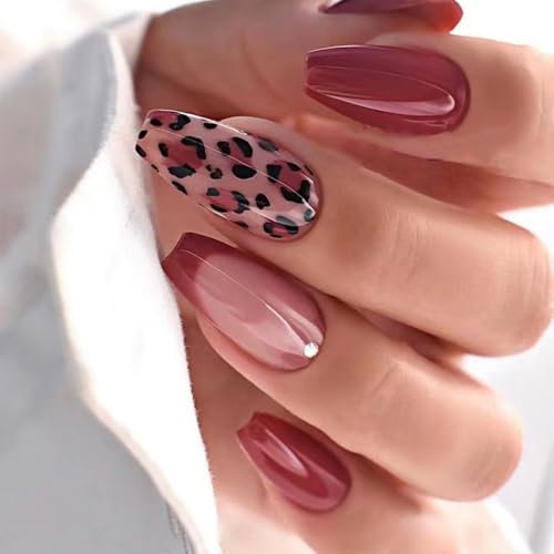 French Tip Press on Nails, 24Pcs Long Leopard Print, Red False Nails Glue on Nails Tips for Women