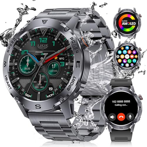 Smartwatch Herren Militärische mit Telefonfunktion,1.43'' AMOLED/460mah großer Akku Sportuhr 120+ Sportmodi Aktivitätstracker mit Herzfrequenz/SpO2/Schlafmonitor/Schrittzähler,5ATM Wasserdicht Schwarz