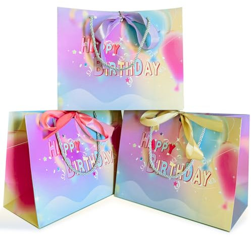 Gift Bag, 3 PCS Medium Gift Bag with Ribbon Happy Birthday Gift Bags for Presents