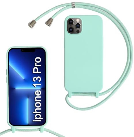 SLWYF Compatible with iPhone 13 Pro Crossbody Lanyard Case, Liquid Silicone Protective Phone Case with Strap Adjustable Neck Cord Necklace Soft Cover for iPhone 13 Pro, Mint Green
