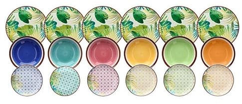 Wintem Service de 18 assiettes en porcelaine pour 6 personnes fantaisie jungle multicolore – Set d'assiettes plates, fonds et à dessert, résistantes et élégantes, adaptées à toutes les occasions