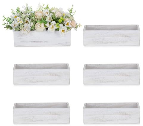 NUPTIO Wooden Centrepieces Flower Box: 6 Pcs 30cm Rectangular Table Centrepiece Wood Vase Rustic White Long Boxes for Wedding Party Christmas Decorations
