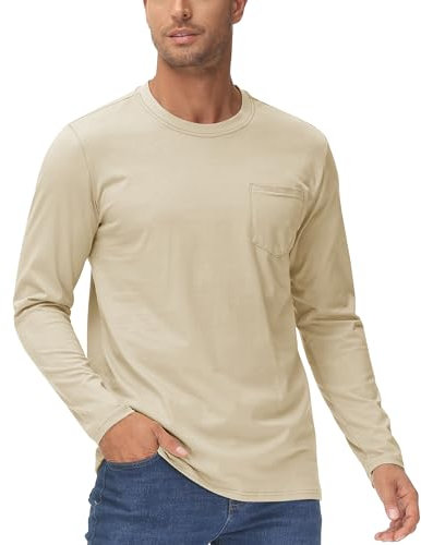 KEFITEVD Mens Cotton Casual T Shirts Long Sleeve Regular Fit Plain T-Shirt Roll Neck Work Tee Shirts Khaki XL