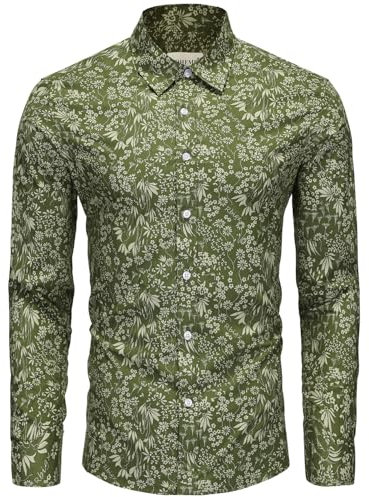 fohemr Mens Floral Shirt Casual Button Down Long Sleeve Flower Printed Shirt 100% Cotton Green X-Large