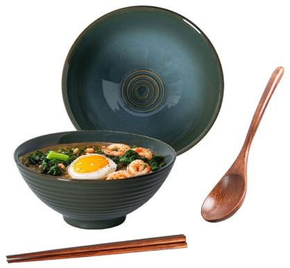 Ceraozmus Ramen Schüssel Keramik - 1200ml - 20 cm -Mit Löffel und Essstäbchen for Ramen Soup Pho Udon Asian Noodles,Large Noodle Bowls (Grüne Glasur)