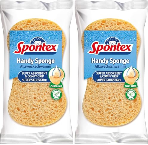 Spontex Allzweckschwamm Handy Sponge, 2er Pack, kompostierbare Schwämme aus natürlicher Zellulose, saugstark, je 15 x 8 cm