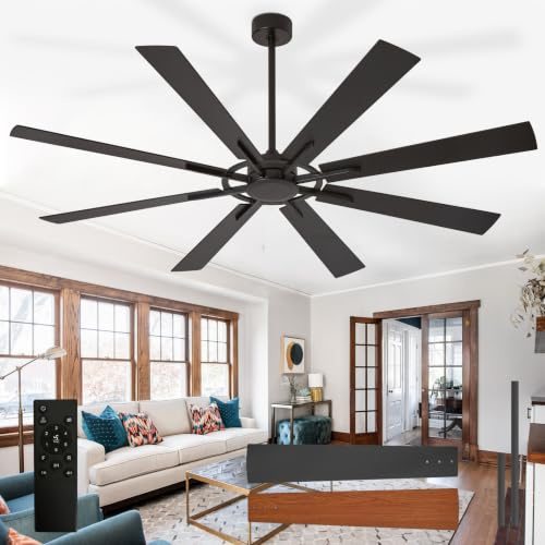 Depuley Ventilador de techo grande sin luz: Ventilador de techo moderno de 72 pulgadas y 8 aspas para exteriores con mando a distancia - Ventilador grande negro sin luz para interiores