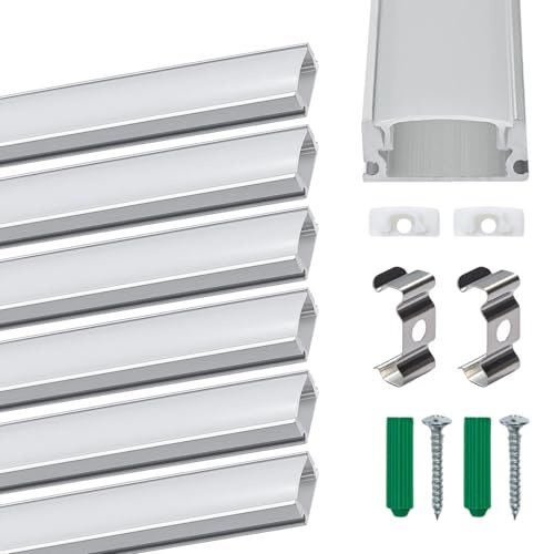 SUNNYNEST 6 Pack U Shape Led Aluminum Profile for LED Strips, 1Meter/3.3ft Aluminum Channel with Milky White Cover, Led Track Diffusers with LEDs Diffuser Cover, End Caps & Mounting Clips