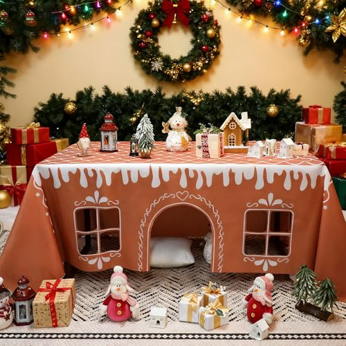 Gingerbread House Christmas Tablecloth, Reusable Rectangle Gingerbread Playhouse Tablecloth, Table Cover with Playful Cut-Out Windows for Xmas Family Gathering, Holiday Birthday Party (L)