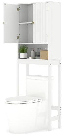 GIANTEX Toaletthylla, hylla över toalett med justerbara hyllor, toalettskåp med 2 dörrar och öppen hylla, 60 × 23 × 168 cm, utrymmesbesparande överskåp för badrum och tvättstuga (vit)