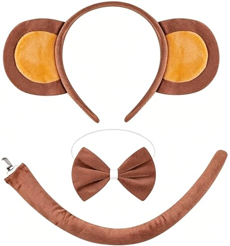 DvBCNMe 3 Stück Affenkostüm, Monkey Costume, Affen Ohren, Gorilla Kostüm, affen kostüm Mit Haarreif, Schleife Und Schwanz, für Karneval Party, Tierkostüm Cosplay Affenkostüm
