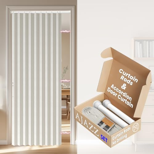 AJAZZ No-Drilling Door Curtain with Rod, Privacy Folding Screen, Light Filtering Fabric, UK Standard（W 43 x L 78-Cream-1 Panels）