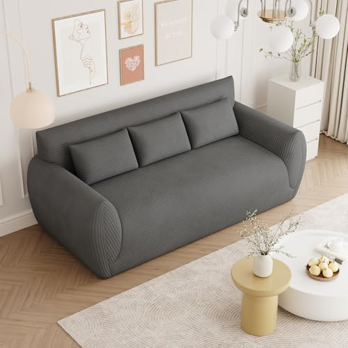 Vesgantti Cord 3 Sitzer Sofa, Montagefrei, 200 cm lang, Compressed Sofa mit 3 Stützkissen für Wohnzimmer, Schlafzimmer (Grau, Dreisitzer)