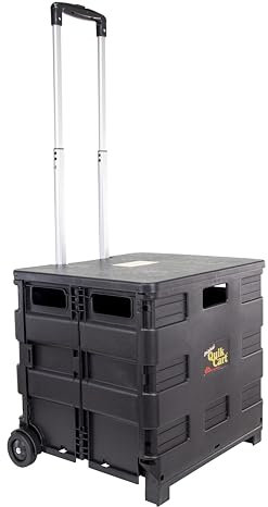 dbest products Quik Cart Collapsible Rolling Crate on Wheels for Teachers Tote Basket 80 lbs Capacity, Made from Heavy Duty Plastic Used as a Seat, Black