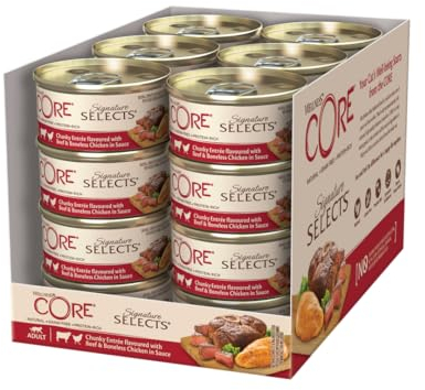 Wellness CORE Signature Selects, Chunky Rind & Huhn, 24 x 79 g, Premium Nassfutter für ausgewachsene Katzen in Sauce, ohne Zuckerzusatz, getreidefrei, mit hohem Fleischanteil