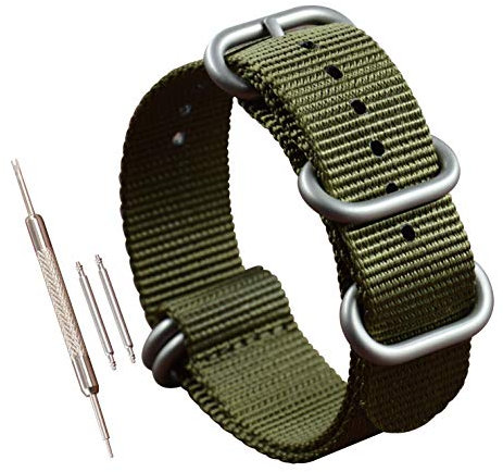 MZBUTIQ 26mm Grün Uhrenarmband Ballistisches Nylon Strap Extra Lang Herren Matte Silberne Schnalle