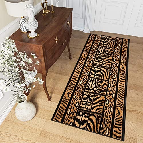 TAPISO Atlas Teppich Läufer Meterware Flur Kurzflor Küche Wohnzimmer Streifen Linien Tiermotiv Tiger Leopard Schwarz Gelb ÖKOTEX 80 x 180 cm