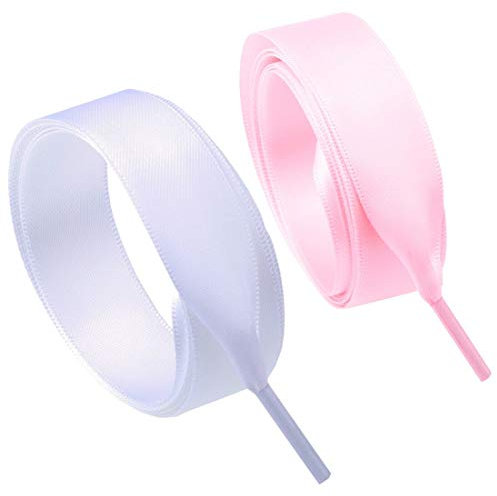 Flyingfish 2 paires Lacets Plats, 2cm de Large Lacets de Satin, Lacets de Chaussure 120CM Blanc + Rose