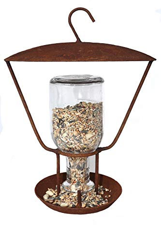 Hirsch Terracotta Vogelfutterstation mit Glasflasche aus Metall in Naturrost Rost, zum Stellen oder Hängen, Futterspender, Futterstation für Wildvögel (1 Stück)