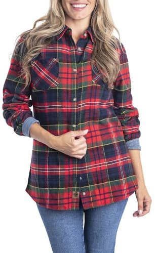 Legendary Whitetails Cottage Escape Flannel Long Sleeve Plaid and Solid Color Clothes for Women, Fitted Button Down Manches Longues, Holly Berry, XXL Femme