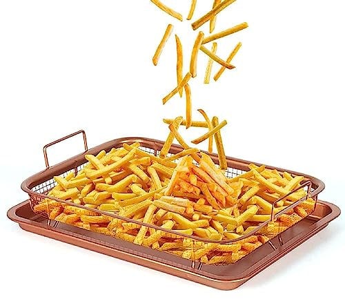 plastific Crisper Roasting Basket Non-stick Oven Baking Tray Elevated Mesh Crisping Grill Basket - 2 Piece Oven Set Elevated Crisping Basket Kitchen Crisper Set
