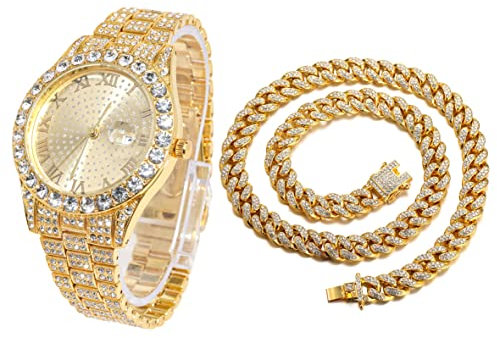 Halukakah Diamant Golduhr, Herren 18K Echt Vergoldet 42MM Breite Rund Wählen Quarz Armband 24cm mit Kubanischer Link Kette 45cm Halskette Set, mit Geschenkbox