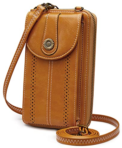 S-ZONE Damen Handy Umhängetasche PU Leder RFID Blockierung Vintage Handytasche mit Geldbörse zum Umhängen mit Kartenfächer Verstellbar Abnehmbar Schultergurt für Handy unter 6,7