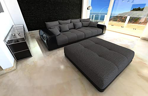 Big Sofa Miami Hugo mit USB Anschluss und LED-Beleuchtung wahlweise mit Hocker/Leder/Strukturstoff/Zierkissen (ohne Hocker, Schwarz-Hugo12)