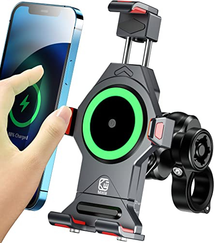 Aluminiumlegierung Motorrad Handyhalterung mit Qi 15W Wireless Charger & Vibrationsdämpfer, BRCOVAN IP66 wasserdicht 360 Drehung Einstellbar Metall Lenker Handy Halterung für 4.7-7.2 Zoll Smartphone