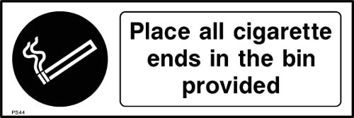 Place All Cigarette Ends in The Bins Provided Sign - 150mm x 50mm - Self Adhesive Sticker (PS44)