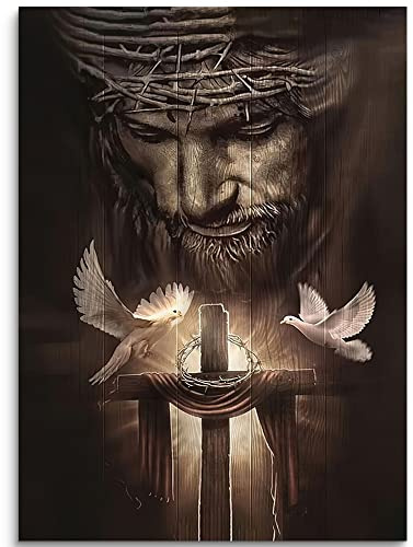 Fchen Art Christliches Jesus auf Leinwand, Motiv: Jesus und das Kreuz, Friedenstaube, Wanddekoration, fertig zum Aufhängen, 30,5 x 40,6 cm