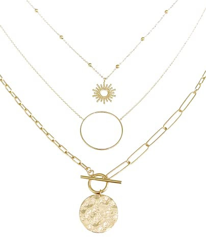 Collar multihilera de acero quirúrgico inoxidable con diseño de sol y placa martillada - 3 hileras de cadenas en cascada, Acero 316L