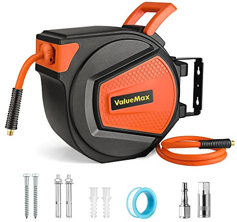 Valuemax Air Hose Reel 9.5mm x 15m (3/8in x 50Ft), Retractable Auto Rewind Air Compressor Hose Reel Max. 300PSI (20BAR) for Air Tool, Air Nailer Gun, Air Wrench