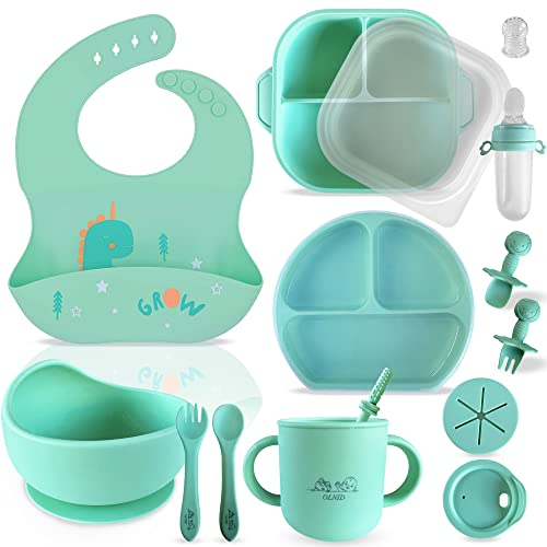 OLNID - Set de Vaisselle Bébé en Silicone, 16 Pièces, Sans BPA, Assiettes à Boire avec Couvercle et Ventouse Antidérapante, Bavoir en Silicone, Design Attrayant -Couleur: Vert, Matériau:Silicone