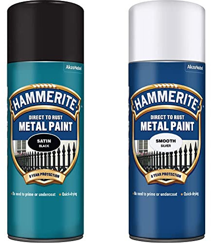 Hammerite 5084778 Metal Paint: Satin Black 400ml (Aerosol) & 5084785 Metal Paint: Smooth Silver 400ml (Aerosol)
