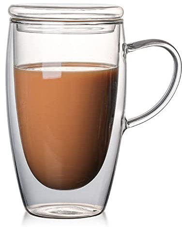 TAMUME Taza de Café y Té de Vidrio con Aislamiento de Doble Pared con Tapa de Vidrio (Grande)