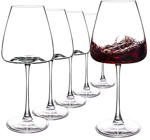 Set di 6 bicchieri da vino rosso resistenti, 552,8 g, calici da vino a stelo lungo con base concava unica per degustazione di vino, vacanze e casa, in vetro trasparente