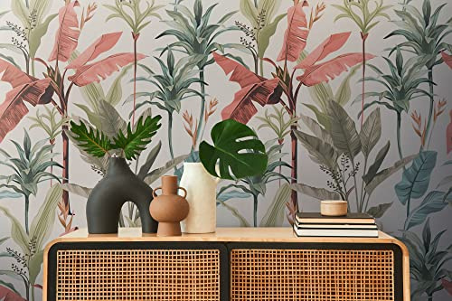 New Walls Dschungel Tapete mit tropischen Palmenblättern florales Design Grün, Rot, Creme