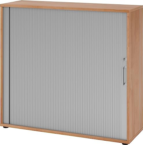 bümö Aktenschrank abschließbar mit Rollladen, Rollladenschrank für Ordner & Co. - Büroschrank mit Rollo, abschließbarer Ordnerschrank aus Holz in Nuss/Silber mit Bügelgriff