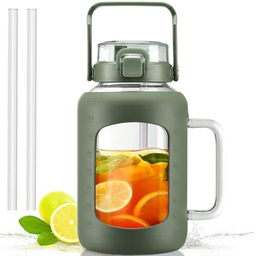 HYDRAGLAZIC 2 Liter Wasserflasche aus Glas mit Griff 2L Glasbecher mit Strohhalm und Deckel Motivationsreich Sport Wasserkrug mit Zeit und Volumenmarkierung Auslaufsicher, Oliver