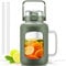 HYDRAGLAZIC 2 litres Bouteille d'eau en Verre avec Poignée Gobelets en verre 2L avec Paille et Couvercle Motivationnel Gourde de Sport avec Indicateur de Temps et de Capacité Anti-fuite, Olive