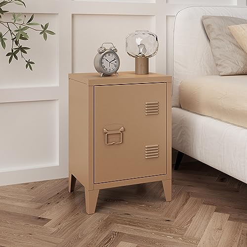 [en.casa] Nachttisch Inari Nachtschrank Hellbraun Nachtkästchen mit Einer Schranktür Sofatisch Türgriff Links Metall Nachtkommode 57 x 40 x 30 cm Büroschrank