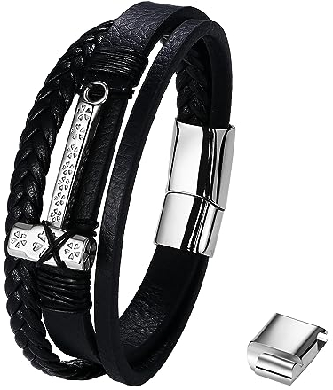 OIDEA Herren Armband Geflochten Leder Wikinger Thors Hammer Amulett mit Verstellbarer Riegelschnalle, Schwarz Lederarmband Retro Viking Stil, Geschenk für Männer Vater Freund Sohn, Typ 3 Thors Hammer
