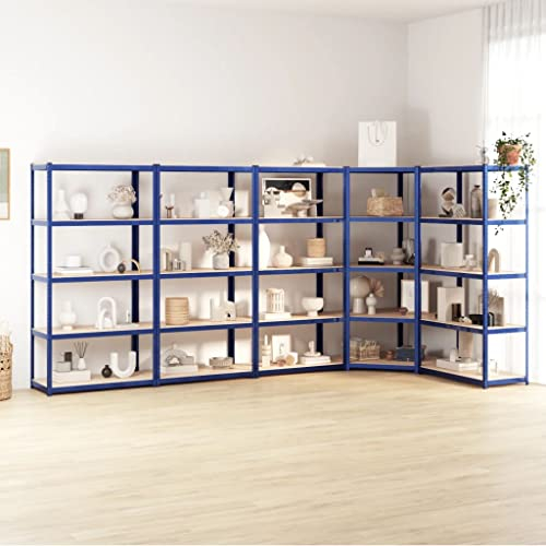 KRHINO Schwerlastregal Steckregal Kellerregal, Regale mit 5 Böden 5 STK. Blau Stahl & Holzwerkstoff Stärke + Stabilität + Beständigkeit Gegen Feuchtigkeit Bietet