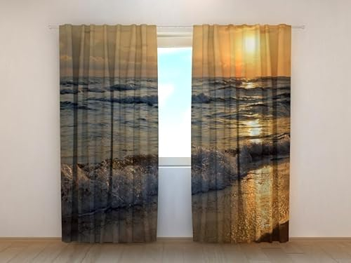 Wellmira Fotogardine: Sonnenuntergang auf der Seeküste, Vorhang mit Fotodruck, Gardine mit Bildmotiv, Maßanfertigung, Material (Durchscheinend (Gabardine))