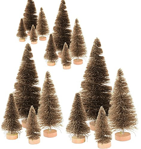 KOOMAL Mini-Weihnachtsbäume, 4 Größen, Sisalbäume, künstliche Weihnachtsbäume, Set mit Flaschenbürste, für den Schreibtisch, Weihnachtsdekoration (braun), 16 Stück