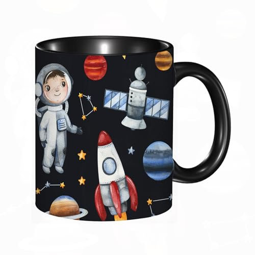 Tasse Keramik Aquarell nahtloses Muster. Kosmos-Textur mit Astronautenplaneten, Raumfahrzeugen, Rak Kaffeetassen Große 330ml Mit Henkel 100% Handbemalt Trinkgläser Mit Griff Personalisierte Geschenk